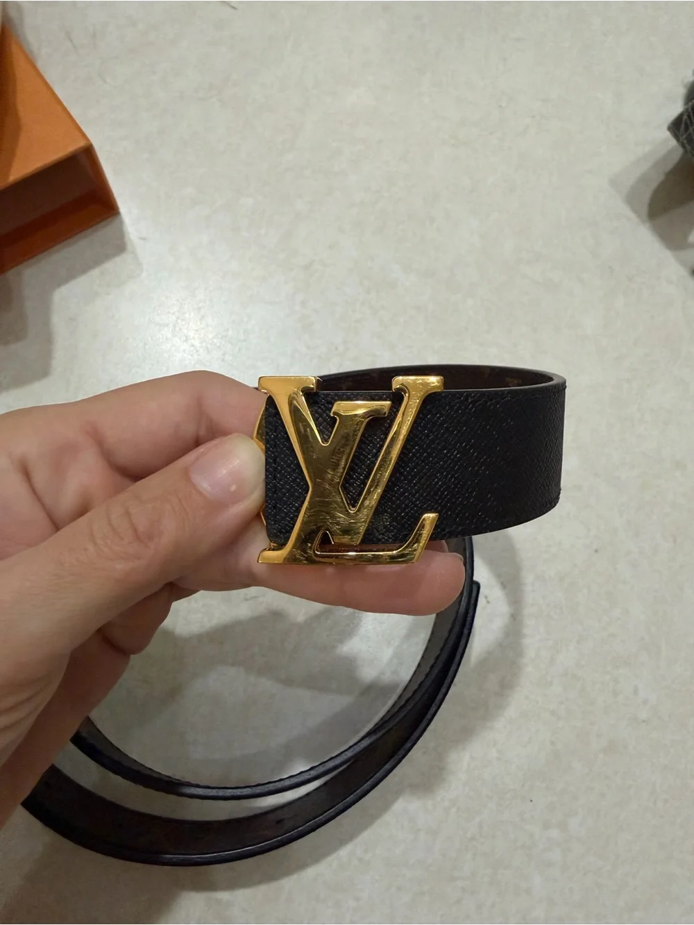 Louis Vuitton Black/Brown Reversible Leather Belt with Gold LV Buckle